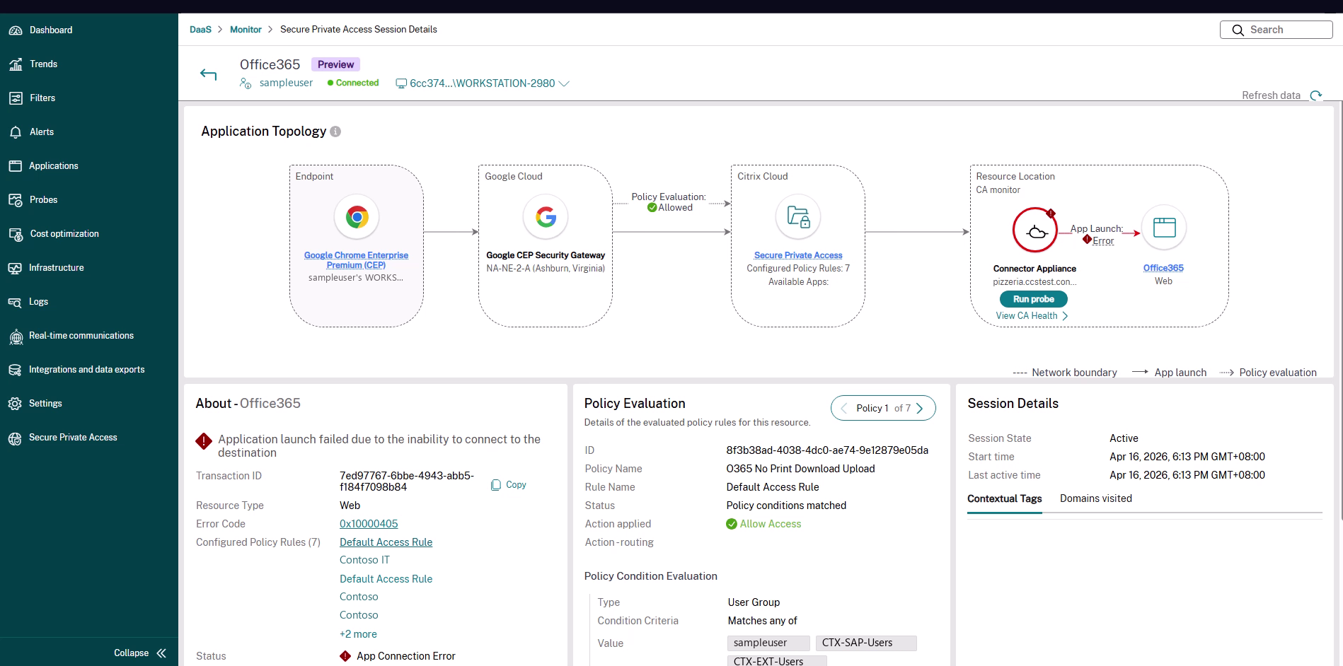 Application Topology with an App Launch Error and the Run probe button