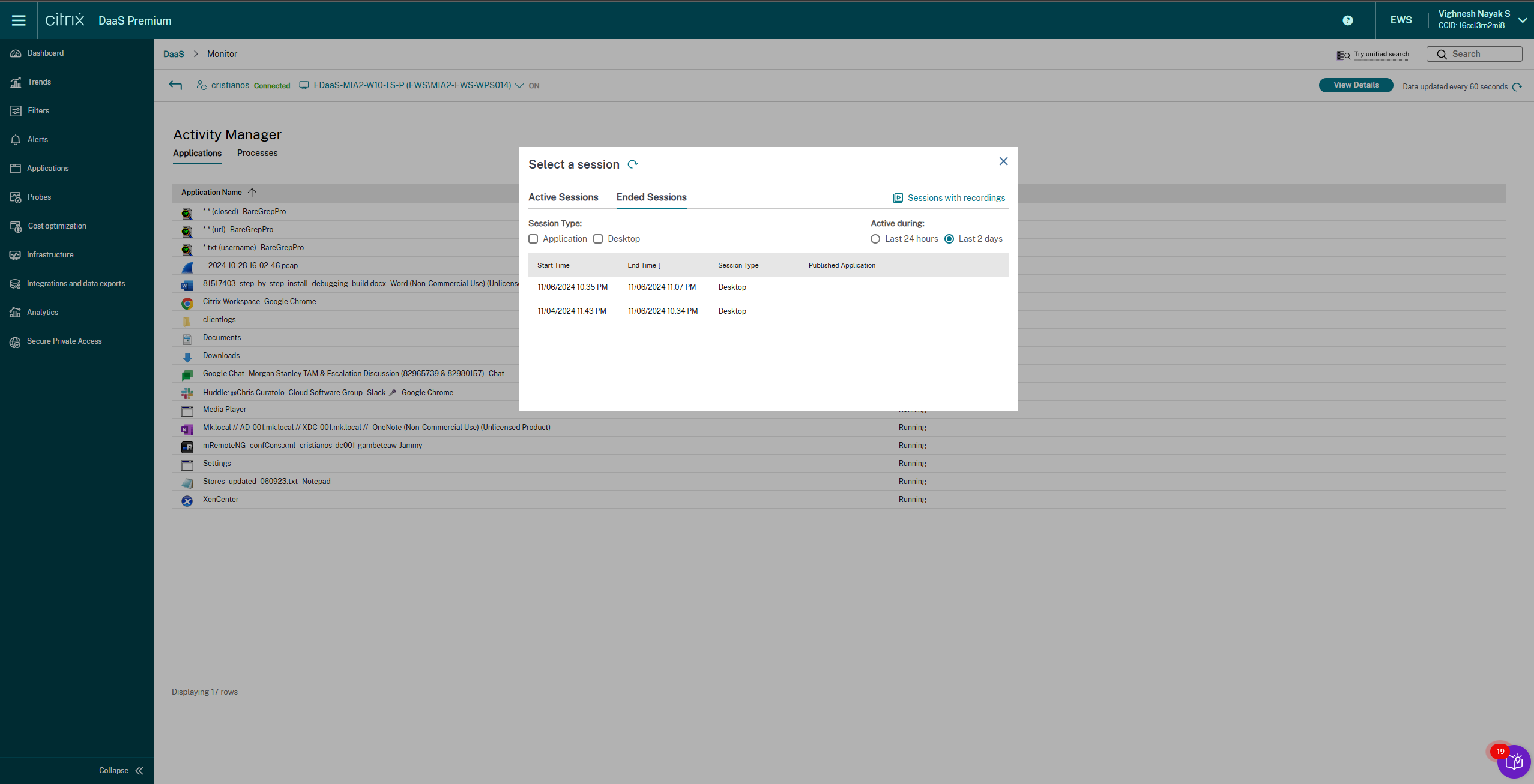 Historical user sessions Activity Manager