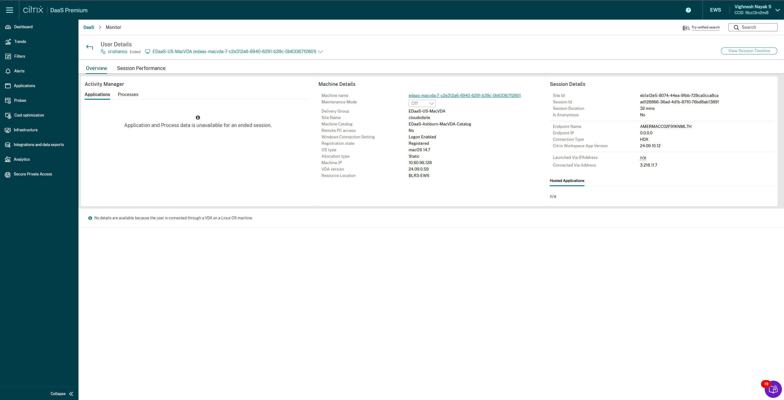 Historical user sessions details