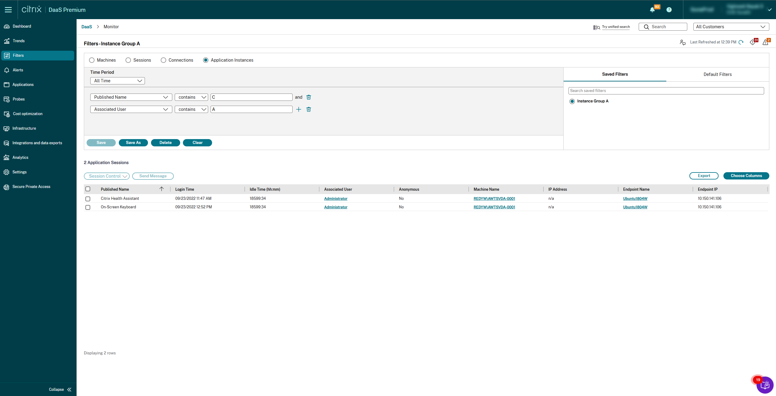 Application instances filter