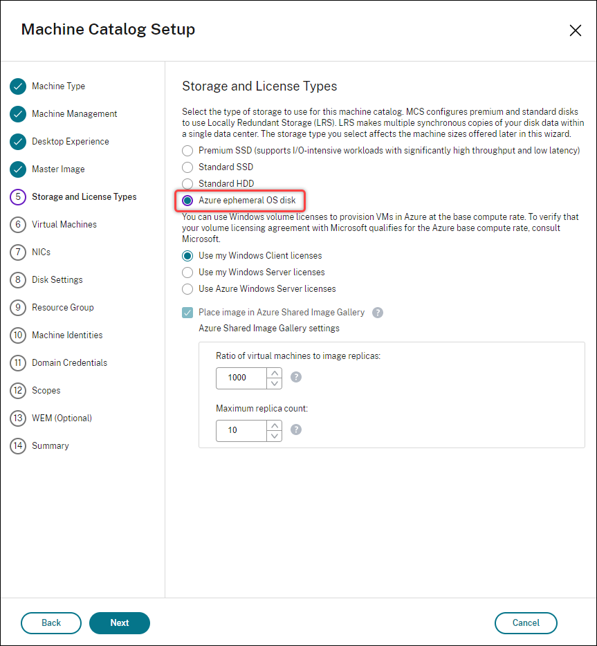 Azure ephemeral OS disk selected
