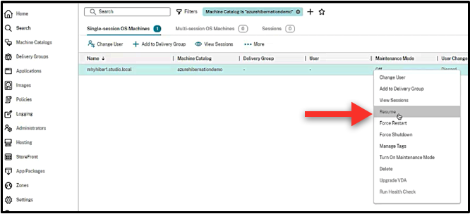 Resume the VM using Studio