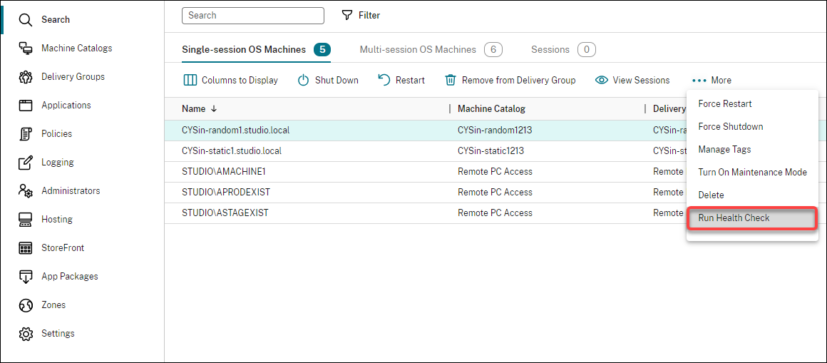 Run health check option Studio