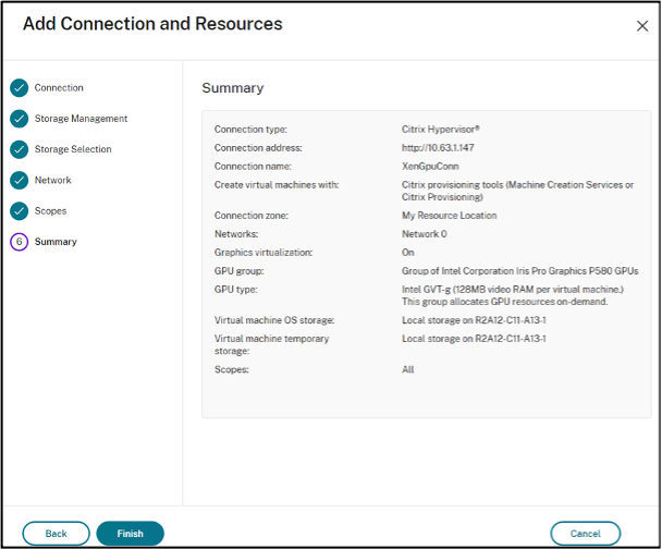 Summary page of XenServer connection creation