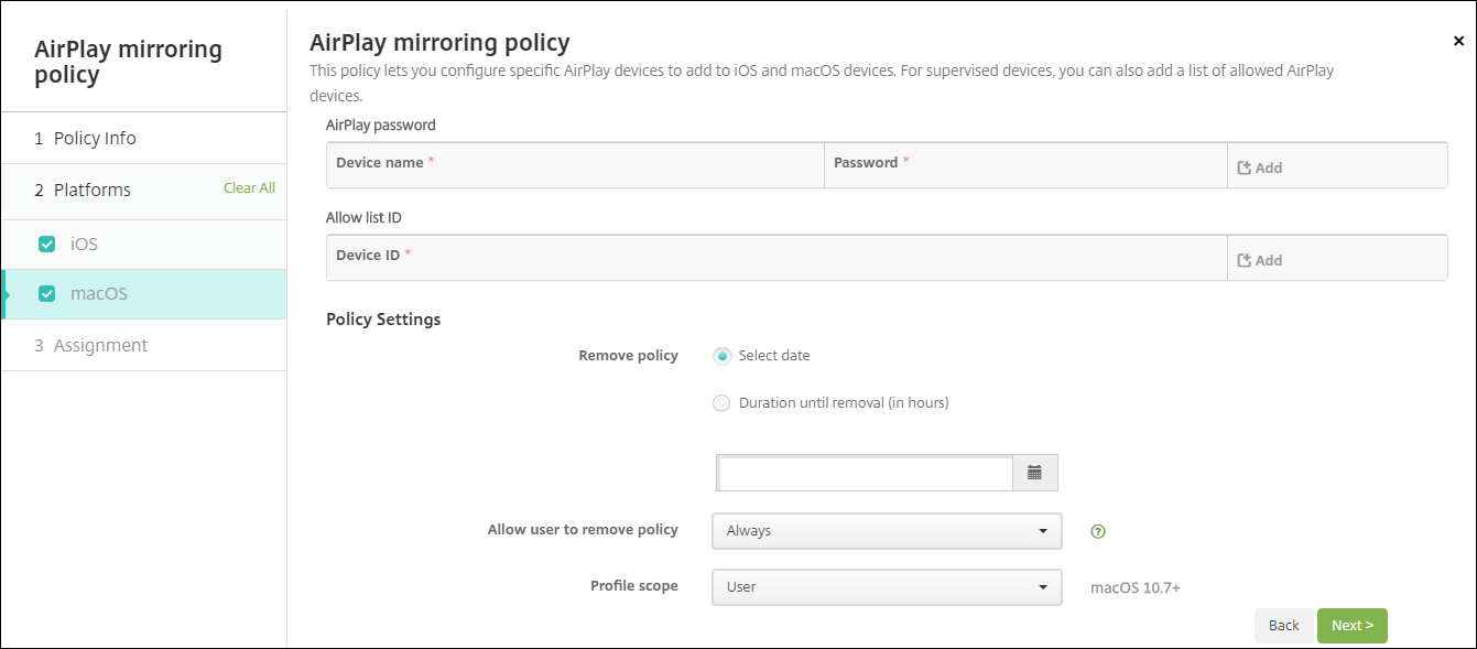 Device Policies configuration screen