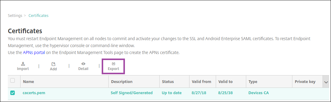 The Certificates page