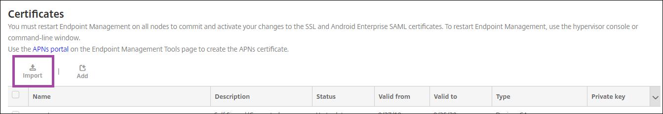 The Certificates page