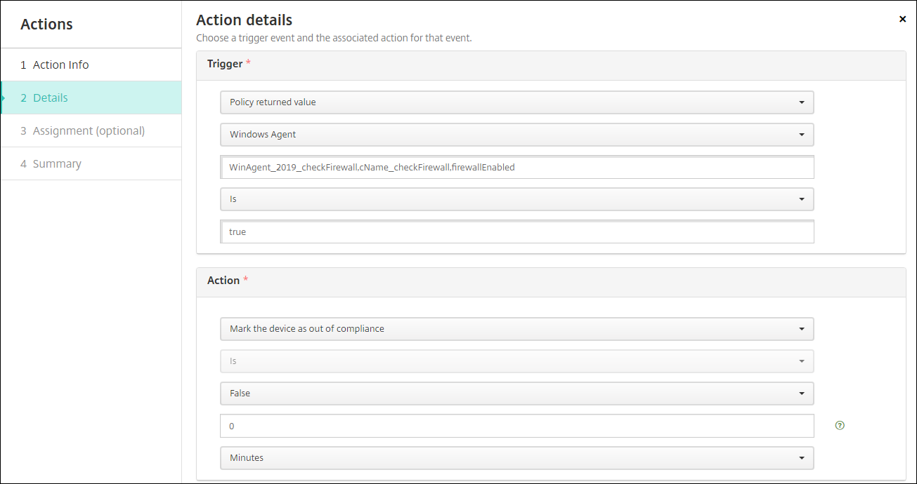 Action details screen