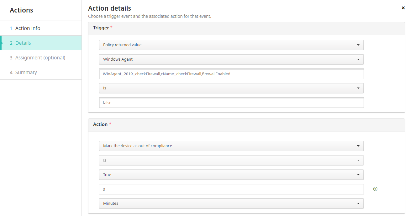 Action details screen