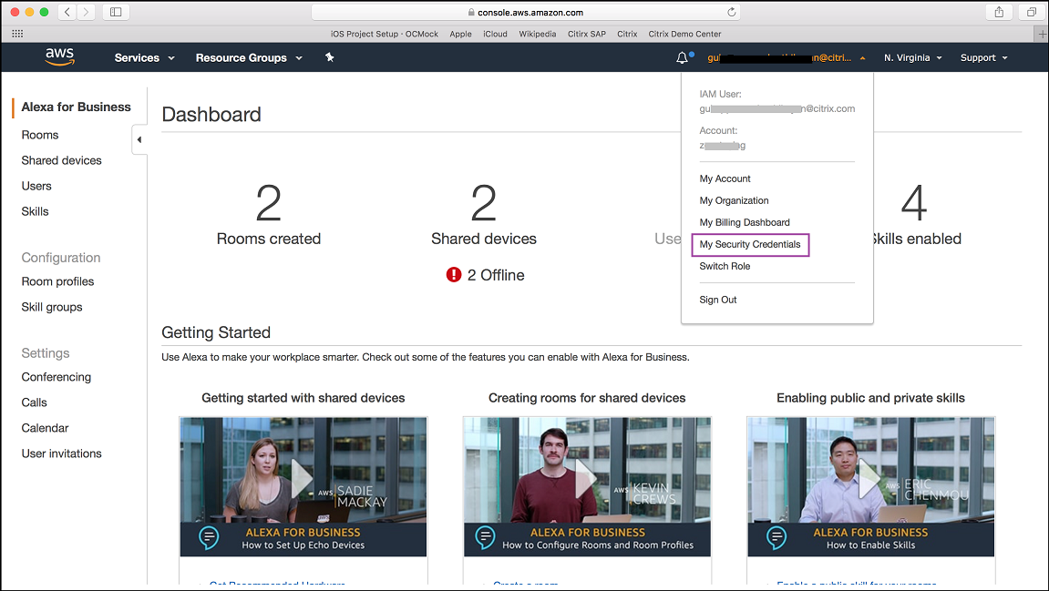 ASW console with My Security Credentials selected