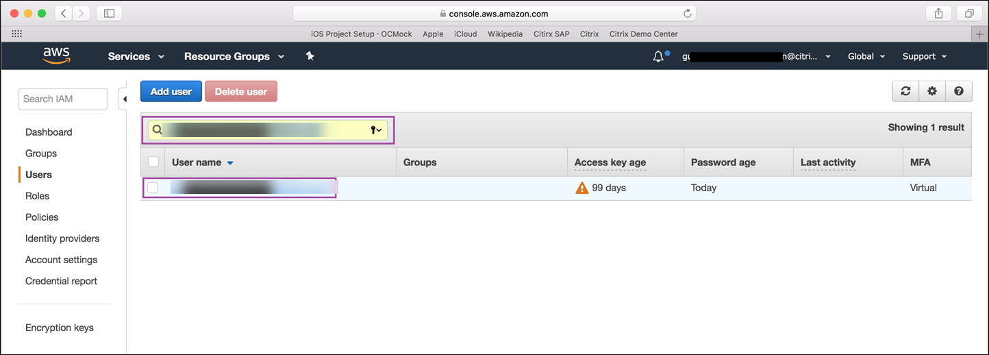 ASW console with user search selected