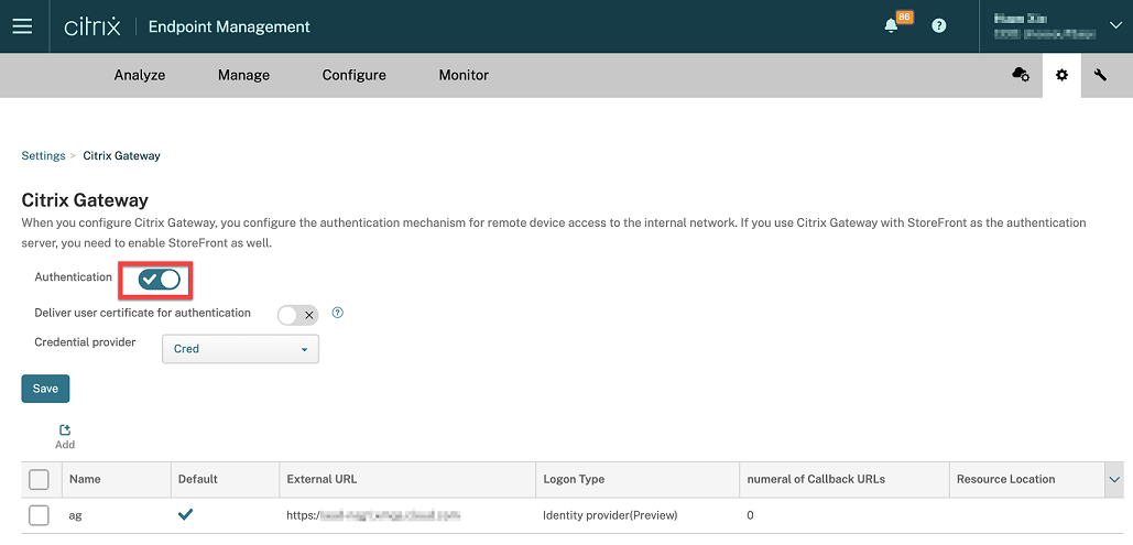 Enable NetScaler Gateway Authentication toggle button