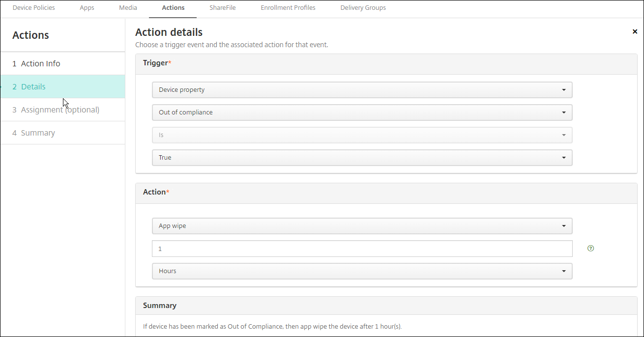 Actions configuration screen