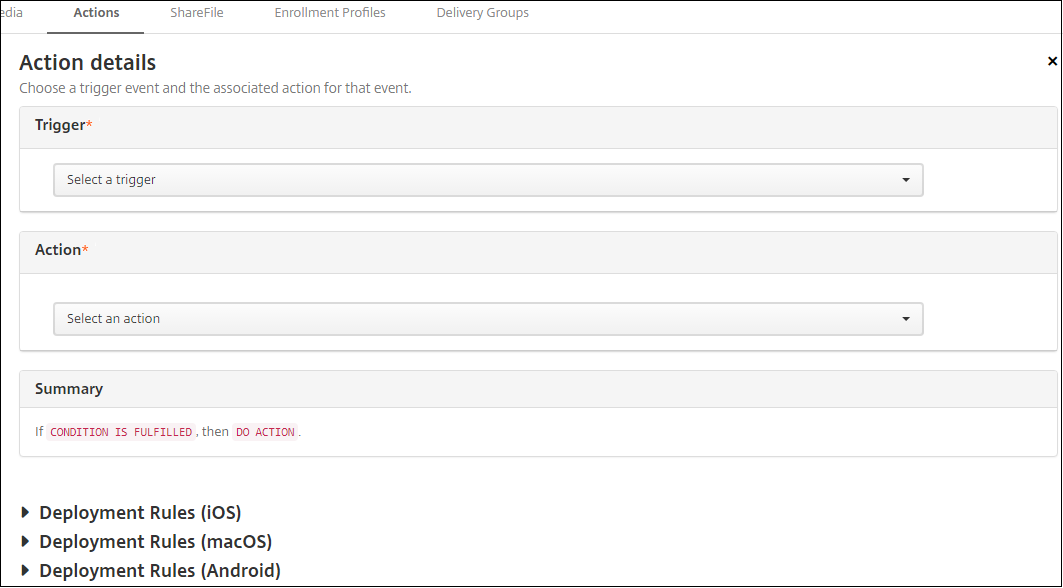 Actions configuration screen
