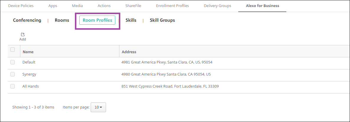 Citrix Endpoint Management console configuring Alexa for Business room profiles