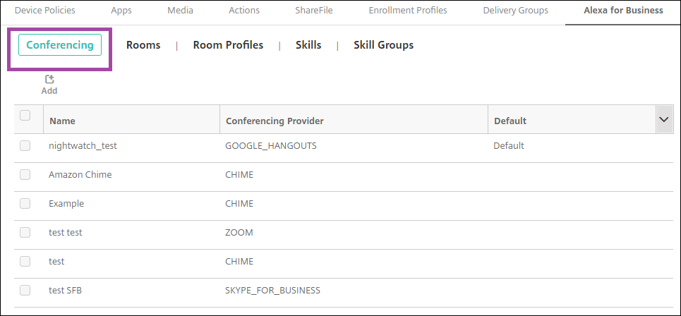 Citrix Endpoint Management console configuring Alexa for Business conferencing