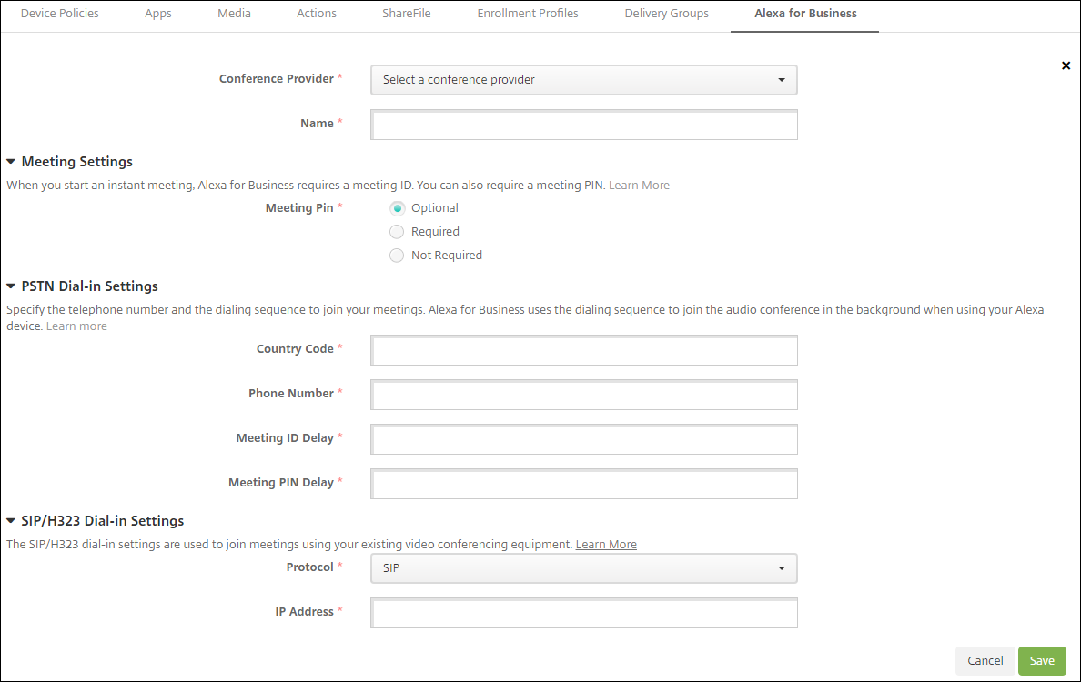 Citrix Endpoint Management console entering Alexa for Business conferencing settings