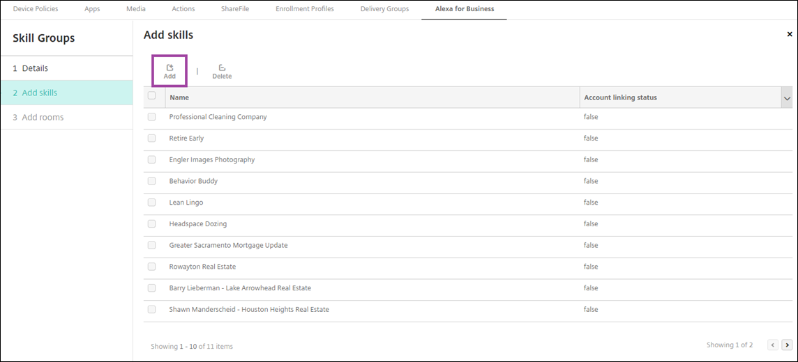 Citrix Endpoint Management console entering Alexa for Business skill groups settings