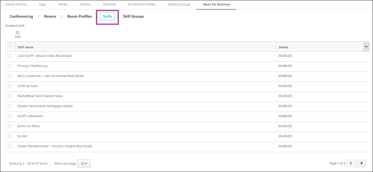 Citrix Endpoint Management console configuring Alexa for Business add skills