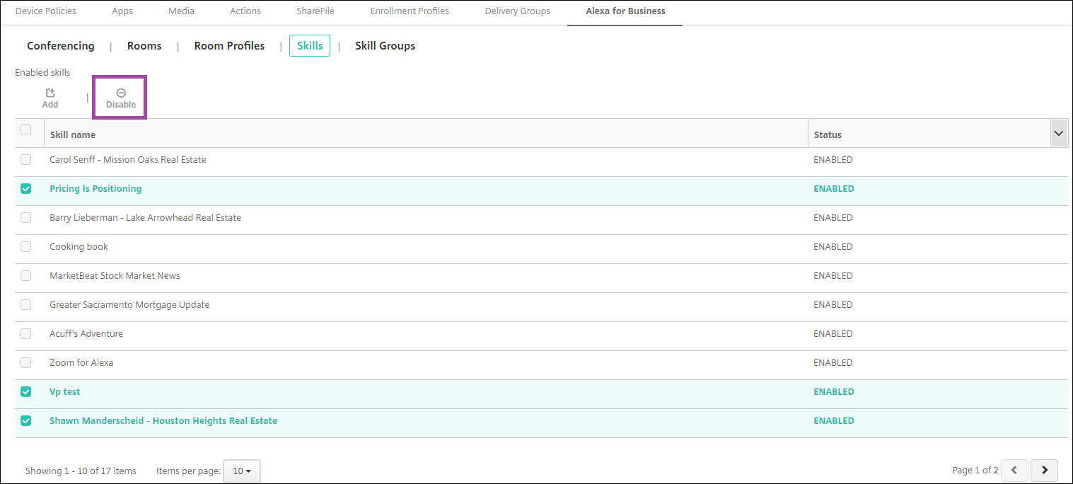 Citrix Endpoint Management console configuring Alexa for Business remove skills