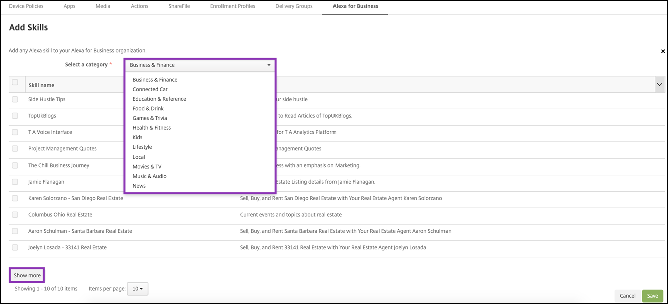 Citrix Endpoint Management console configuring Alexa for Business add skills
