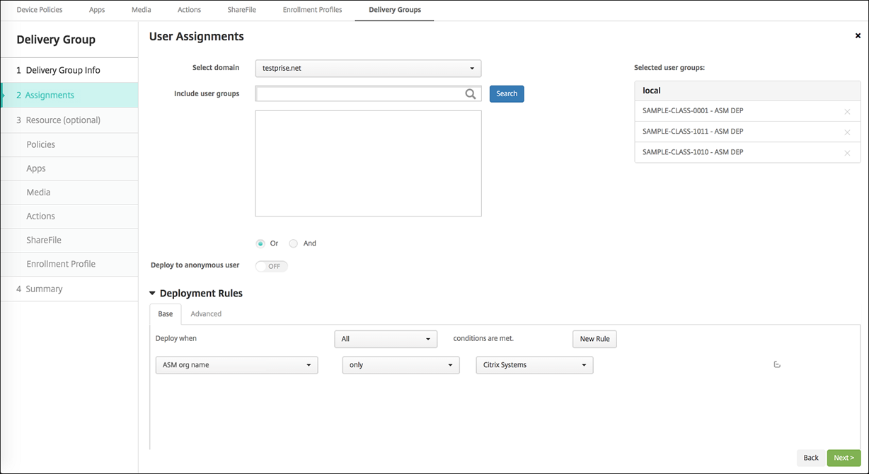 Delivery Groups configuration screen