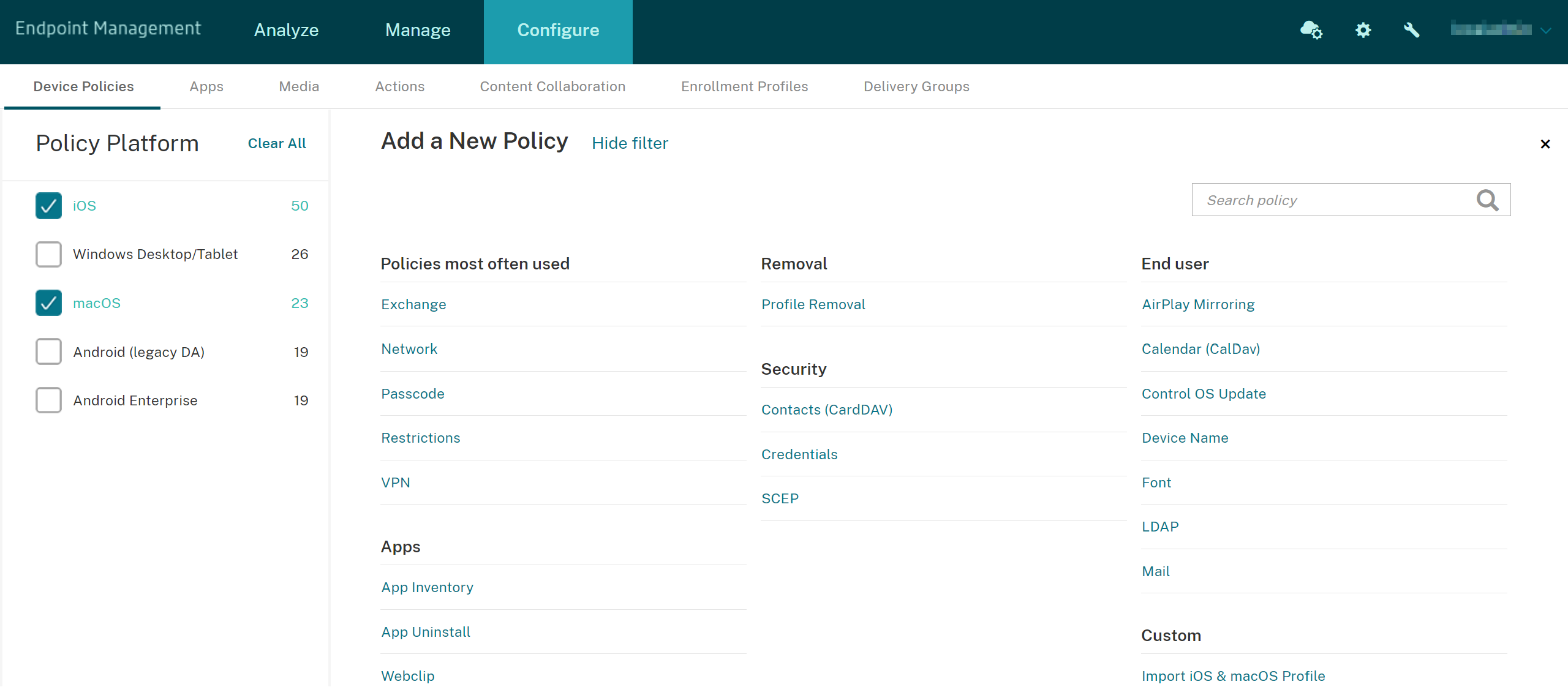 Device Policies configuration screen