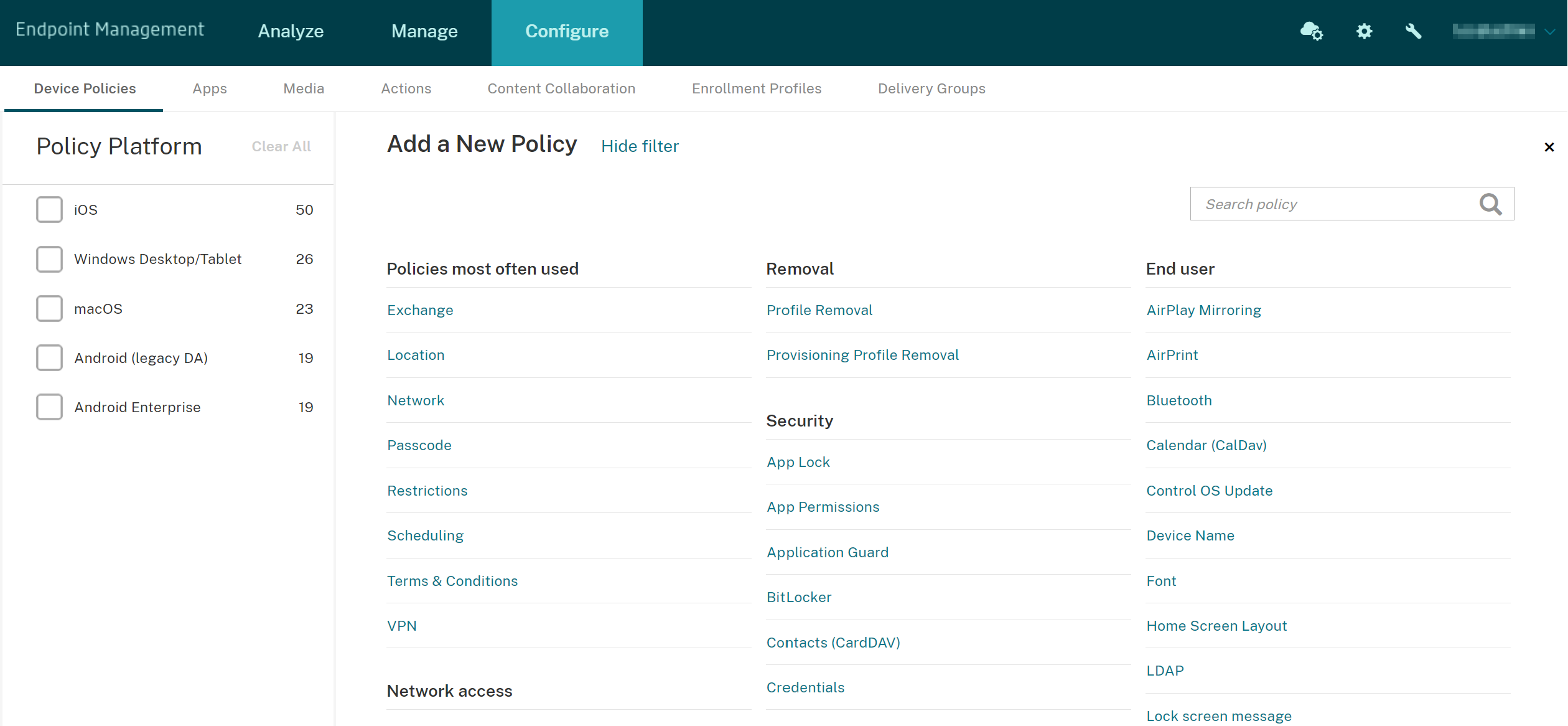 Device Policies configuration screen