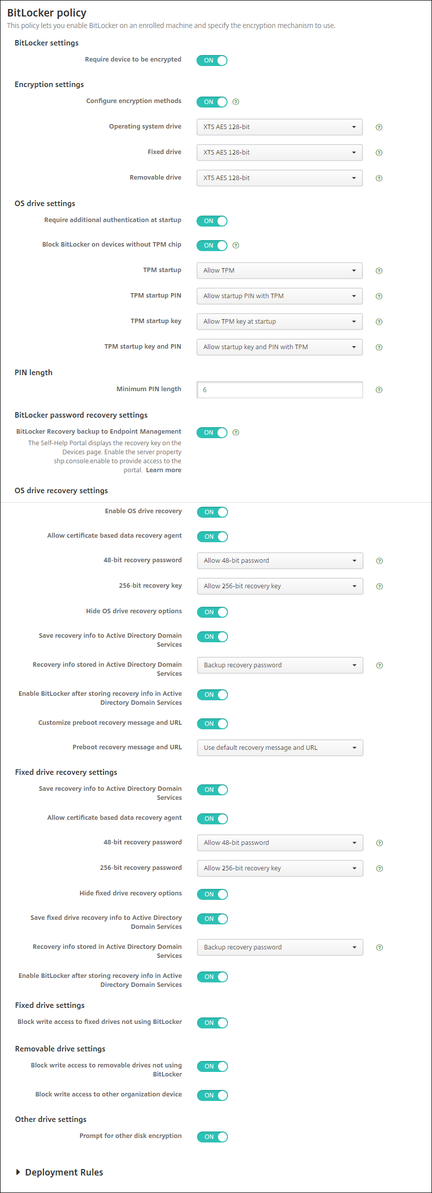 Device Policies configuration screen