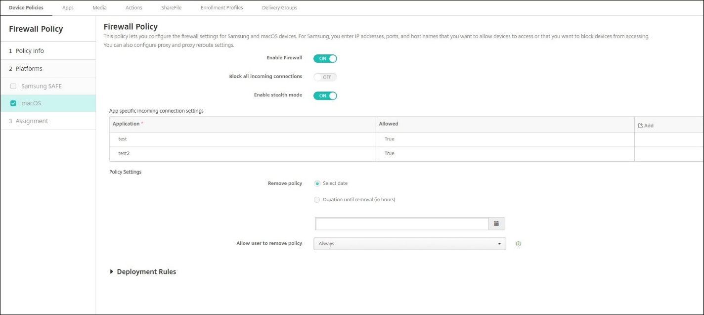 Device Policies configuration screen