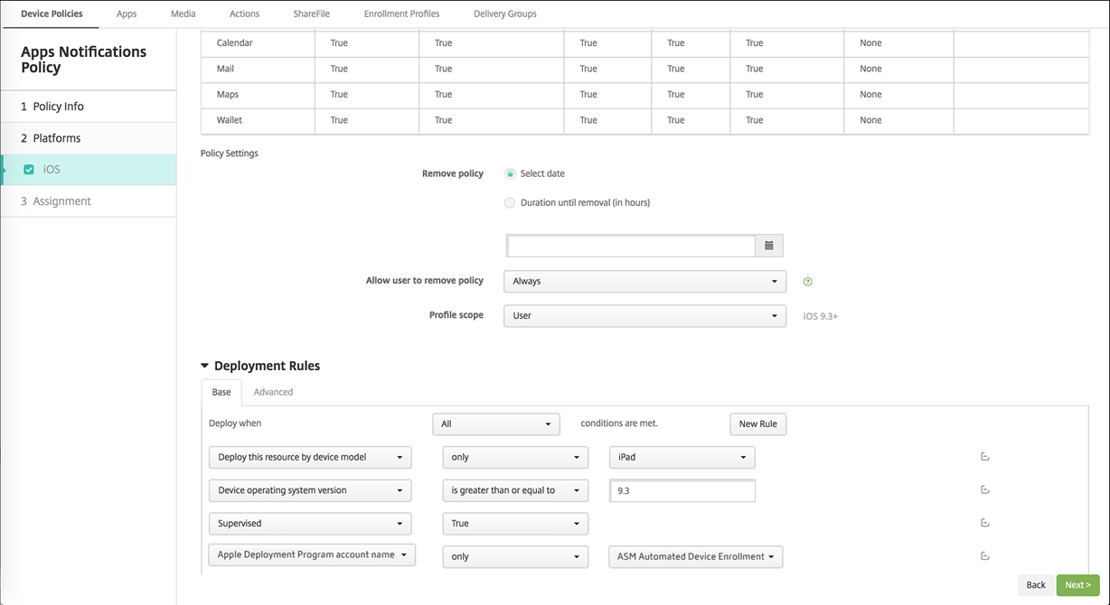Device Policies configuration screen
