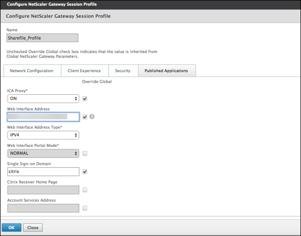 NetScaler Gateway Session Profile screen