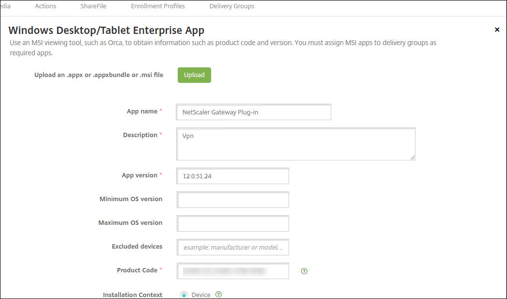 Apps configuration screen