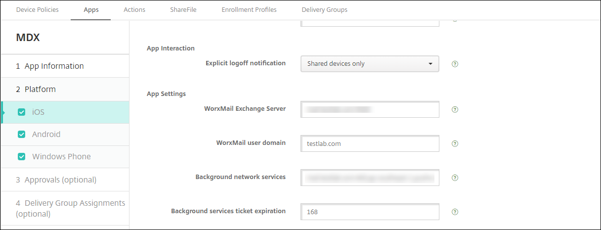 Apps configuration screen