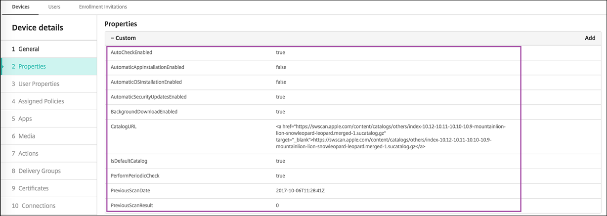 Device details screen