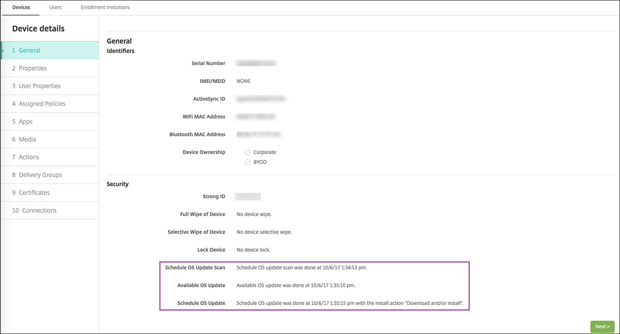 Device details screen