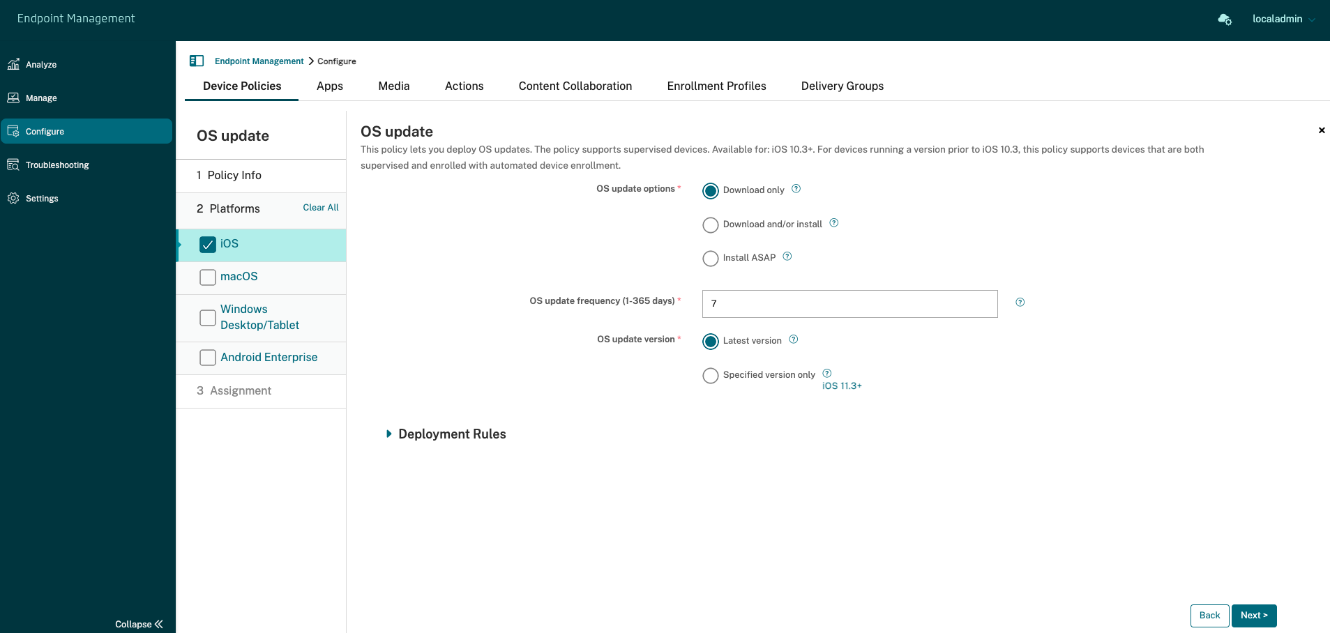 Device Policies configuration screen