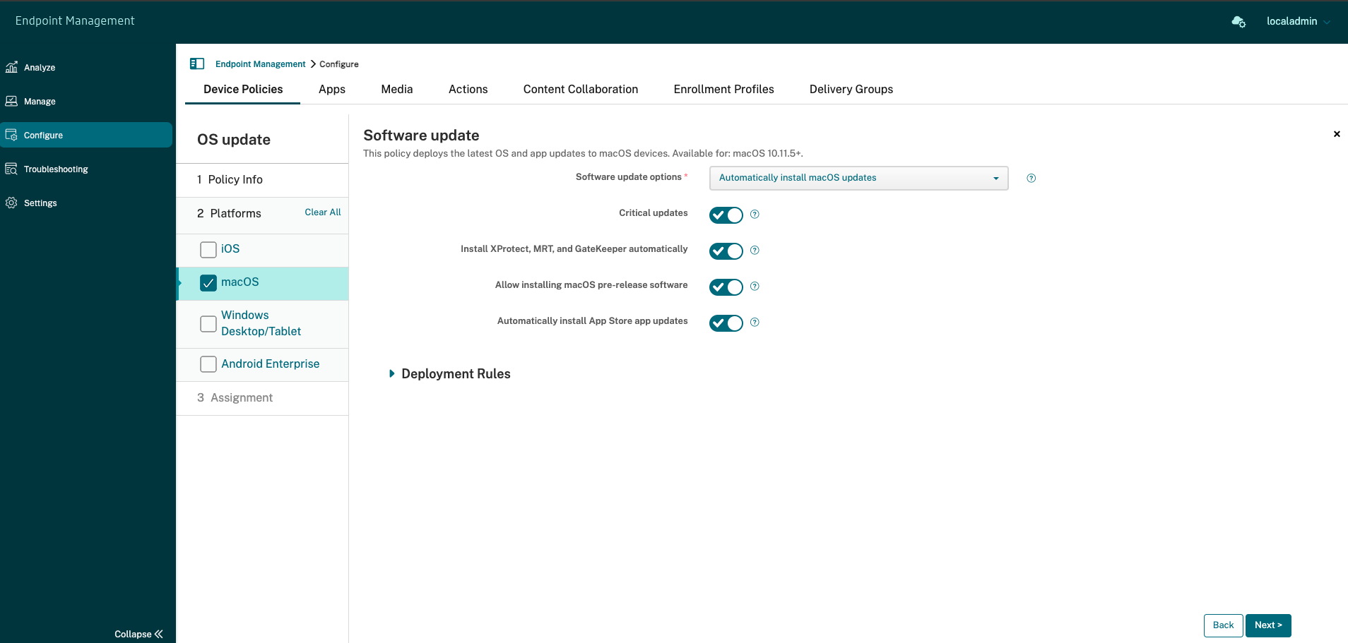 Device Policies configuration screen