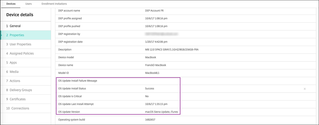 Device details screen