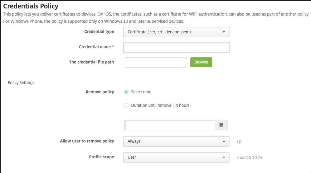 Device Policies configuration screen