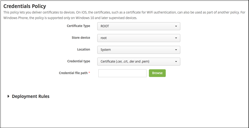 Device Policies configuration screen