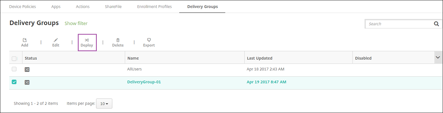 Delivery Groups configuration screen