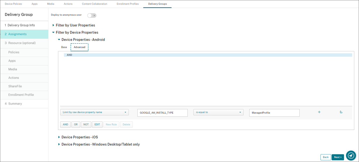 Deploy a delivery group to Android Enterprise devices