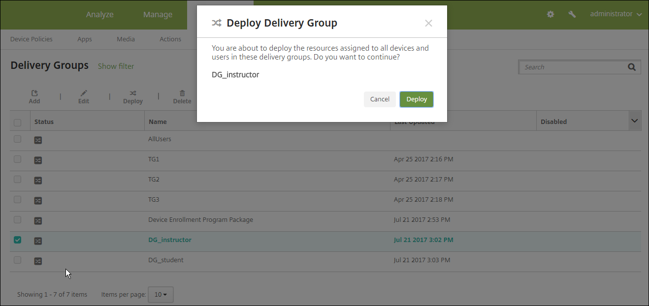 Delivery Groups configuration screen
