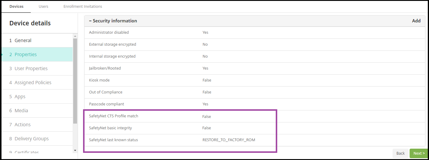 Device Details page with Android SafetyNet highlighted