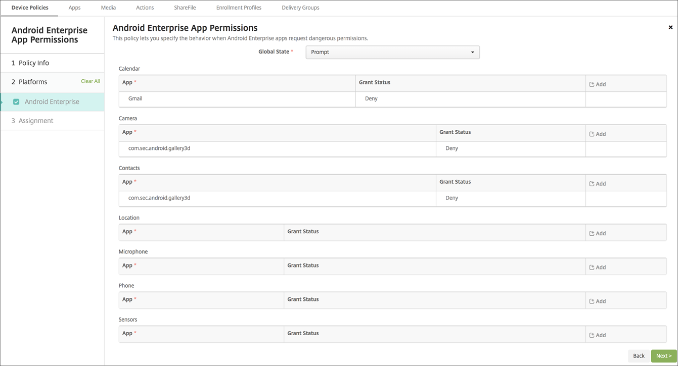 Device Policies configuration screen