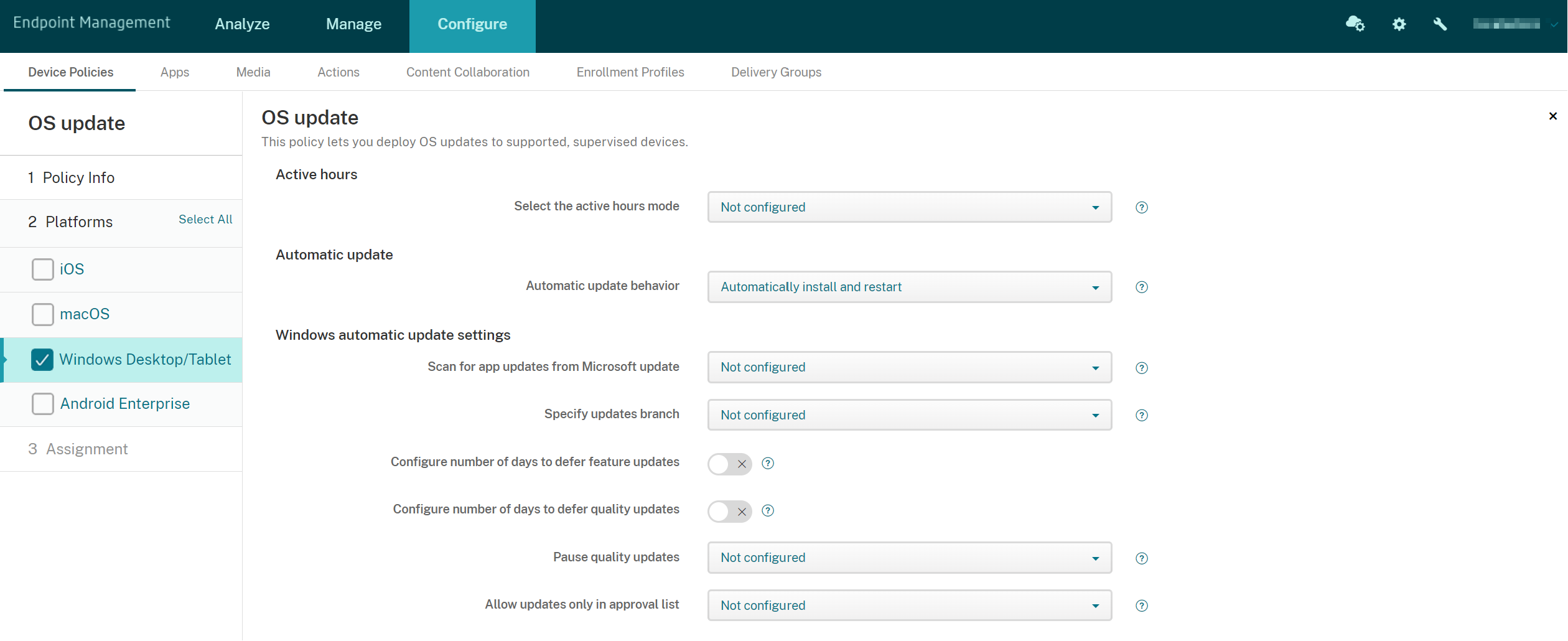 Device Policies configuration screen