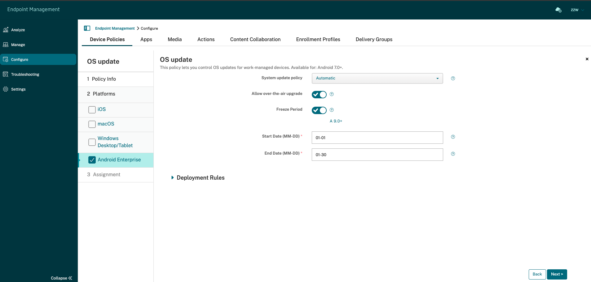 Device Policies configuration screen