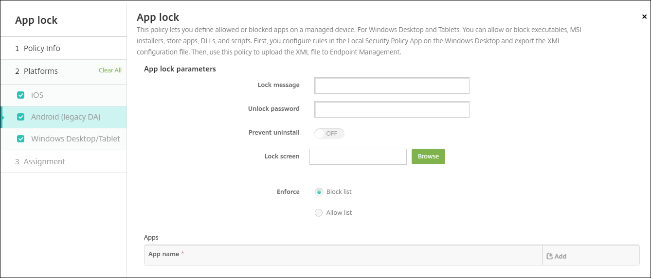 Device Policies configuration screen