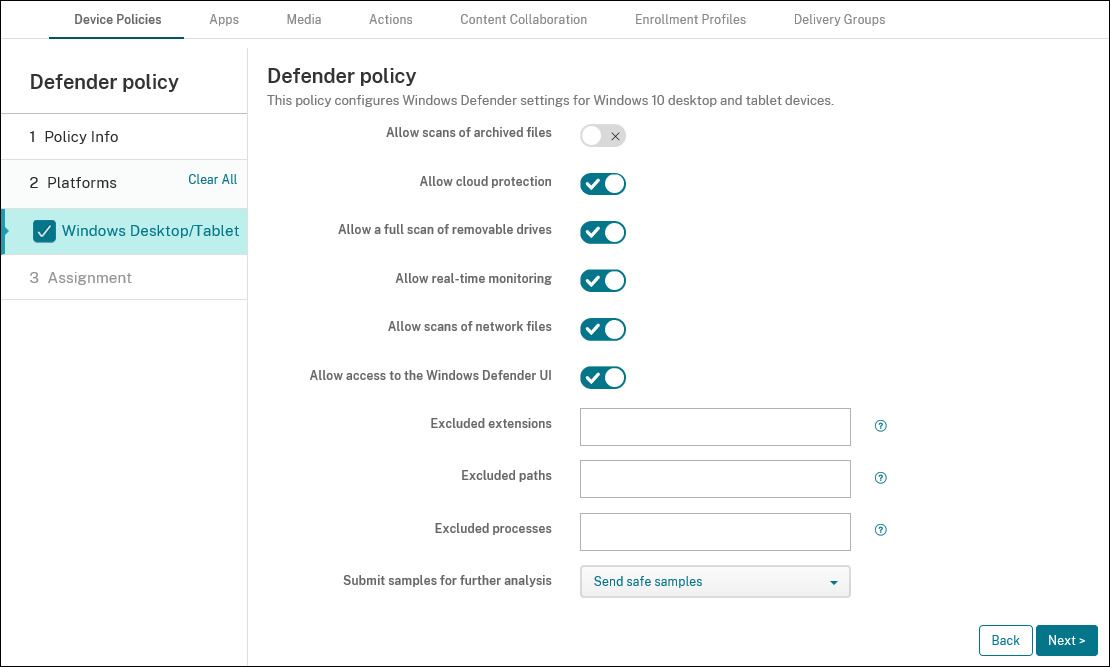 Device Policies configuration screen